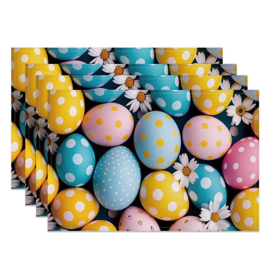 Aperturee Colorful Dots Eggs Daisy Easter Set Of 4 Placemats, 14x12 Inch, 15.8 USD, NYLX00523-S, placemats