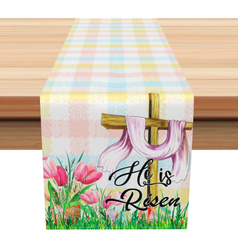 Aperturee Colorful Plaid Cross He Is Risen Easter Table Runner | Custom Table Runner | Custom Table Cloth Runner | Custom Printed Table Runner