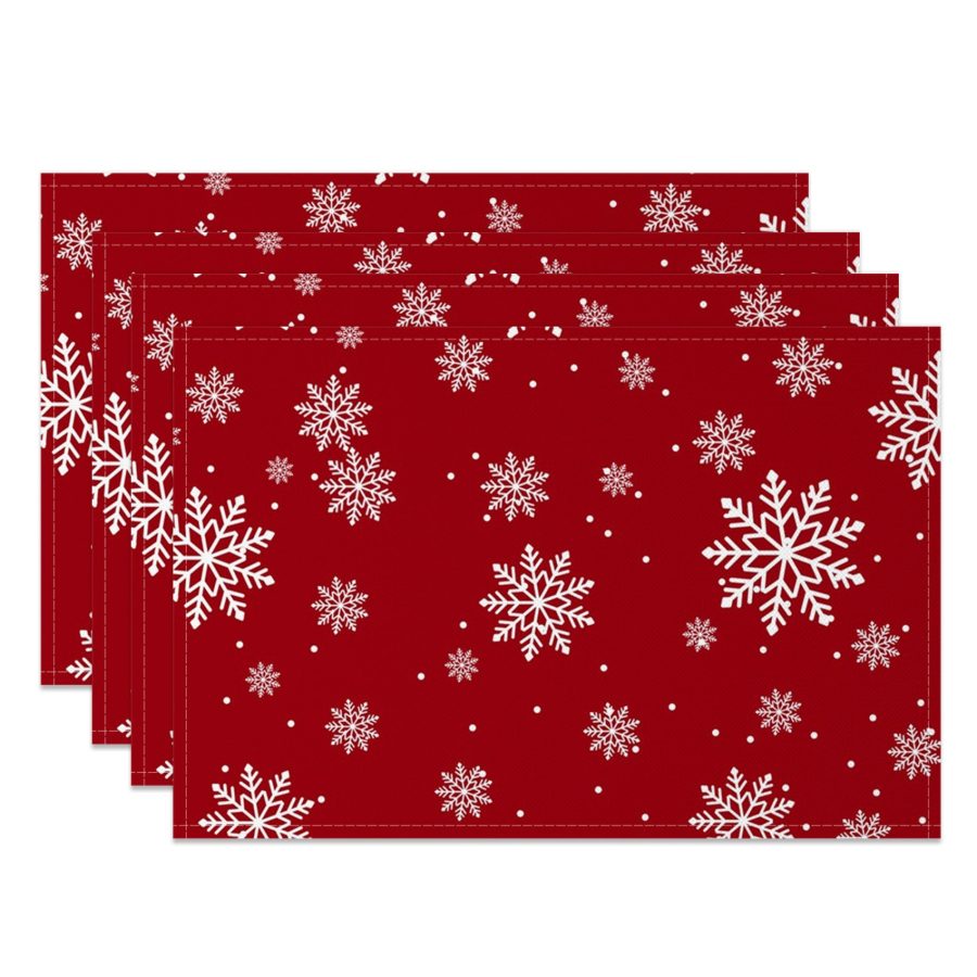 Aperturee Dark Red White Snowflake Christmas Set Of 4 Placemats, 14x12 Inch, 15.8 USD, NYWH00383-S, placemats