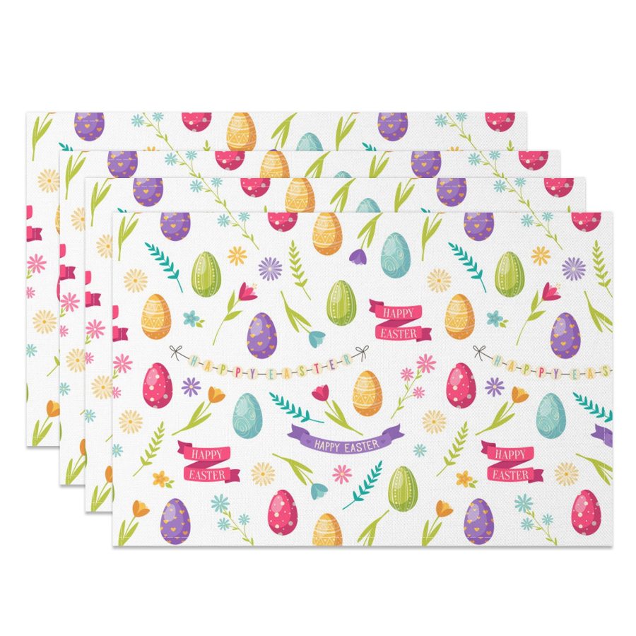 Aperturee Dense Colorful Eggs Floral Easter Set Of 4 Placemats, 14x12 Inch, 15.8 USD, NYJY00436-S, placemats