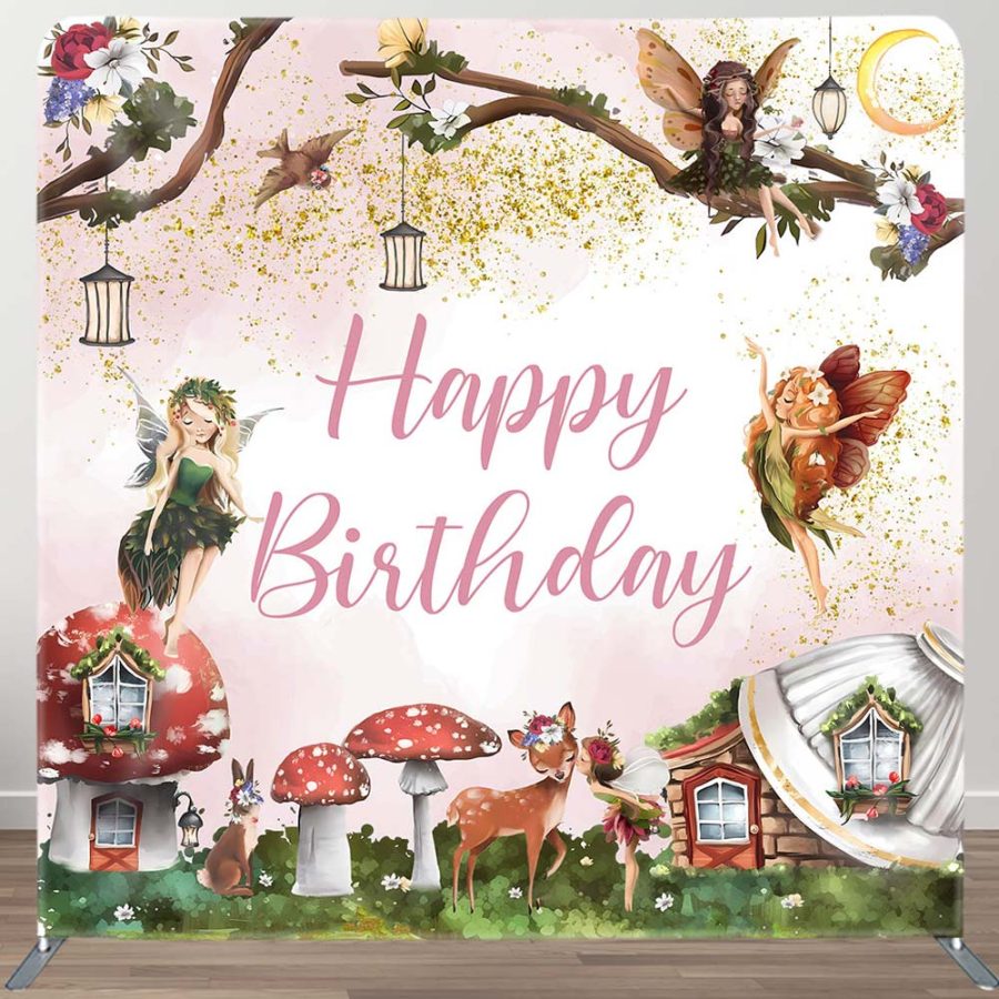 Aperturee Fairy Floral Mushroom Spring Happy Birthday Backdrop | 10Ft Straight Tension Fabric Display | Double-Sided Square Backdrop | Tension Banner