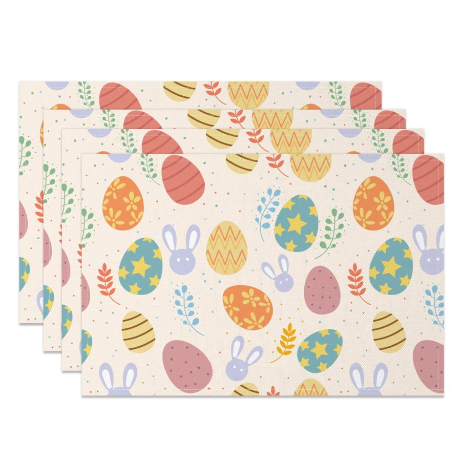 Aperturee Funny Eggs Bunny Floral Easter Set Of 4 Placemats, 14x12 Inch, 15.8 USD, NYJY00424-S, placemats