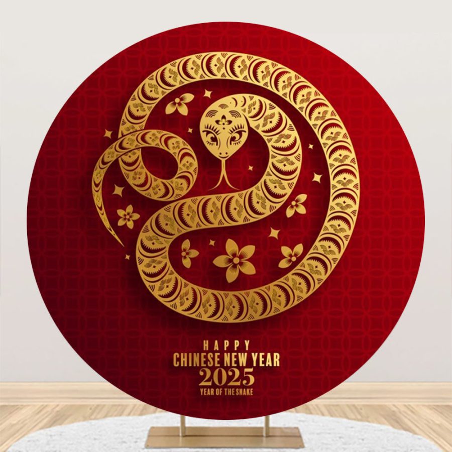 Aperturee Golden Snake Red Round 2025 New Year Party Backdrop