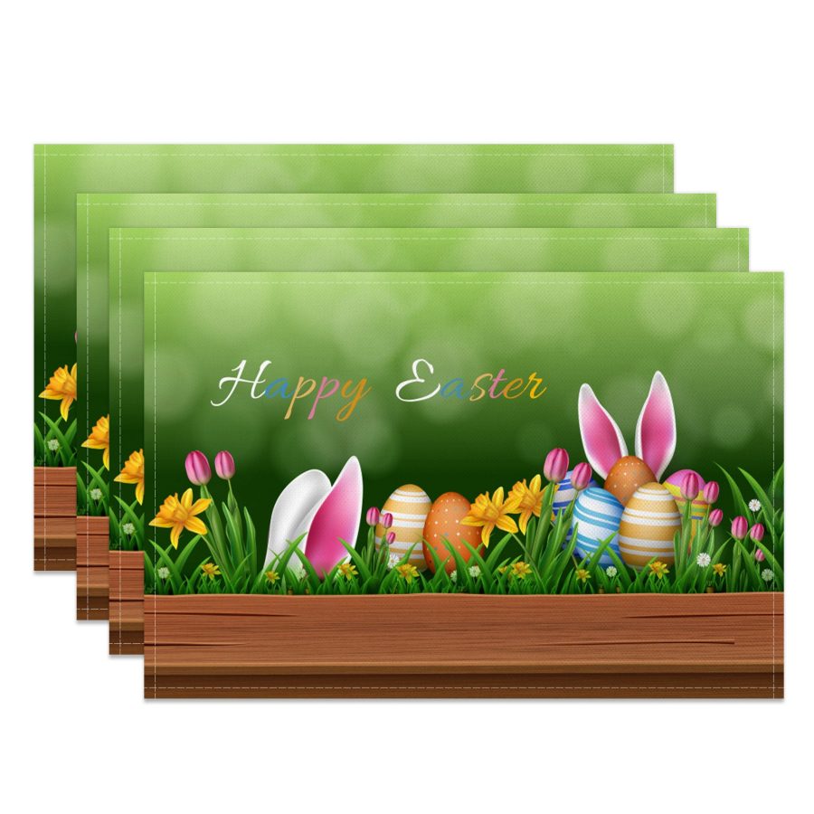 Aperturee Green Bokeh Lawn Eggs Bunny Easter Set Of 4 Placemats, 14x12 Inch, 15.8 USD, NYJY00423-S, placemats