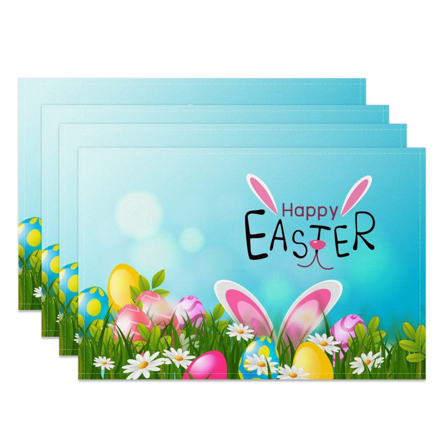 Aperturee Green Lawn Floral Easter Bokeh Set Of 4 Placemats, 14x12 Inch, 15.8 USD, NYJY00435-S, placemats