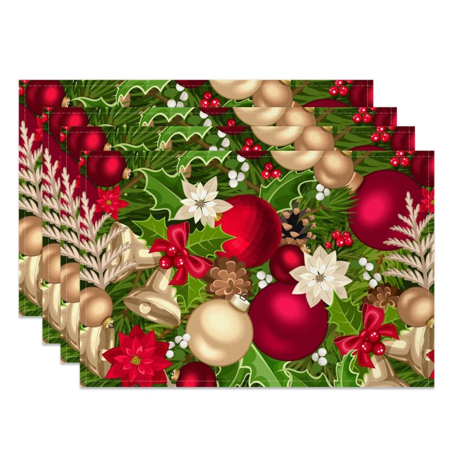 Aperturee Green Leaf Bells Floral Christmas Set Of 4 Placemats, 14x12 Inch, 15.8 USD, NYWH00374-S, placemats