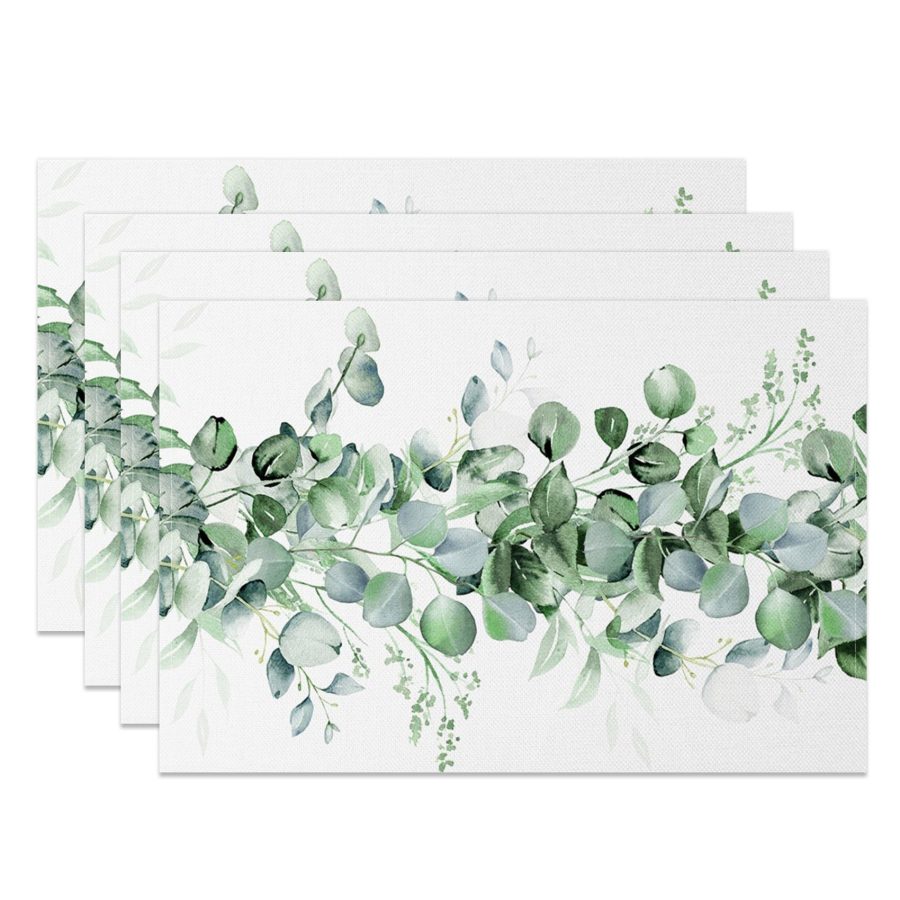 Aperturee Green Plant Leaves White Spring Set Of 4 Placemats, 14x12 Inch, 15.8 USD, NYWH00371-S, placemats