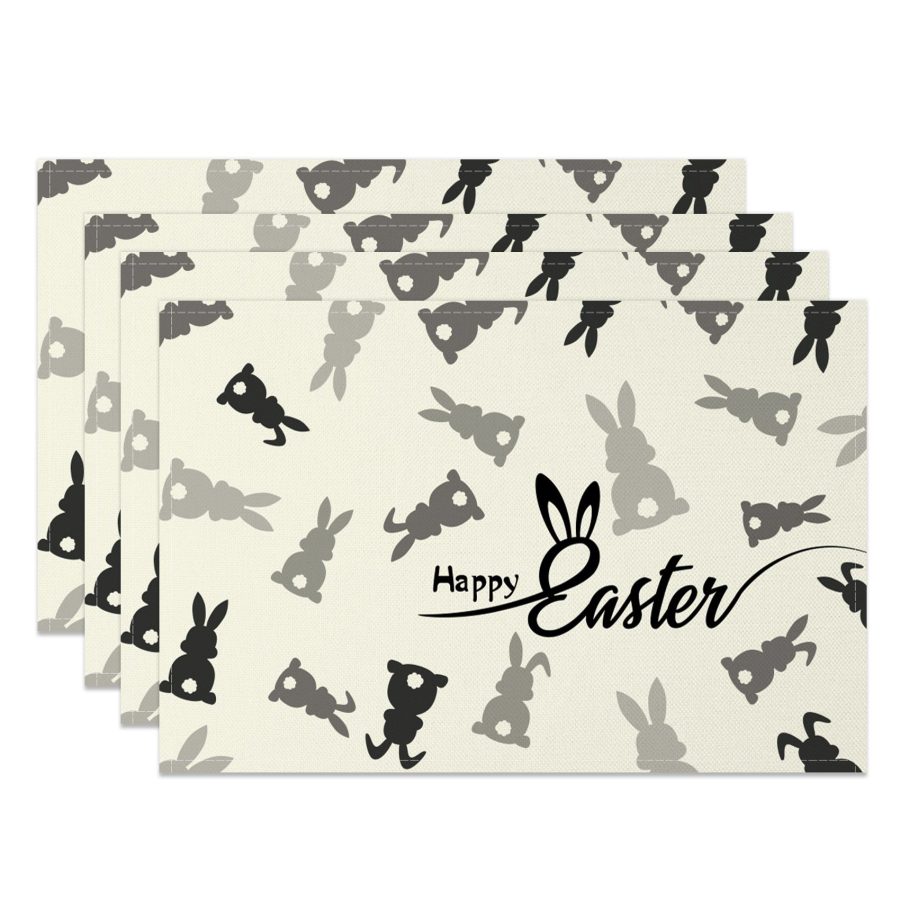 Aperturee Grey Black Bunny Happy Easter Set Of 4 Placemats, 14x12 Inch, 15.8 USD, NYJY00406-S, placemats