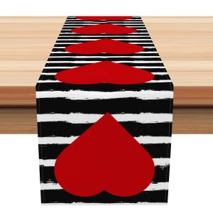 Aperturee Heart Black White Stripe Valentines Day Table Runner | Custom Table Runner | Table Runner For Dining Table | Seasonal Printed Table Runner