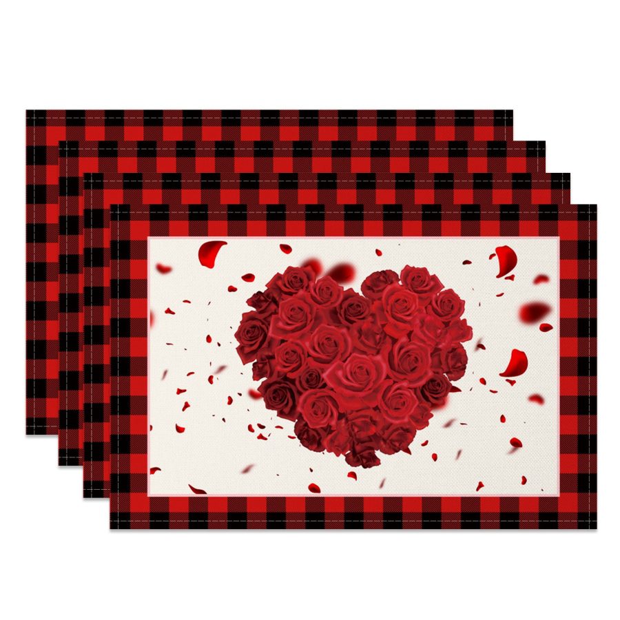 Aperturee Heart Rose Plaid Valentines Day Set Of 4 Placemats, 14x12 Inch, 15.8 USD, NYJY00370-S, placemats