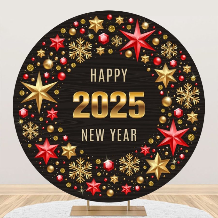 Aperturee Hexagram Red Gold Happy 2025 New Year Round Backdrop