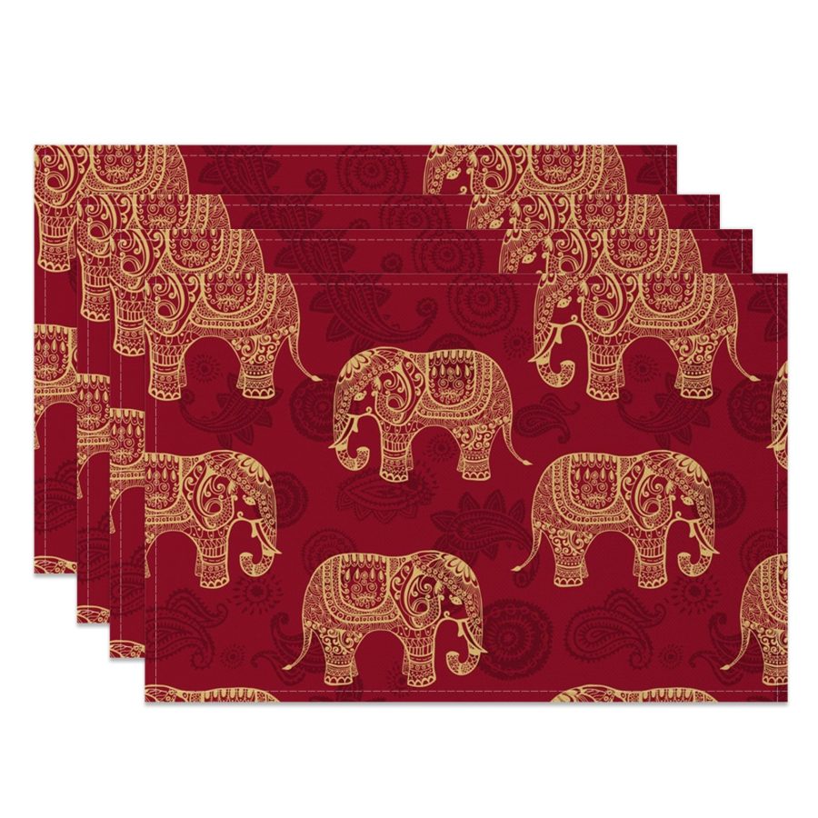 Aperturee Indian Red Gold Elephant Pattern Set Of 4 Placemats, 14x12 Inch, 15.8 USD, NYWH00364-S, placemats