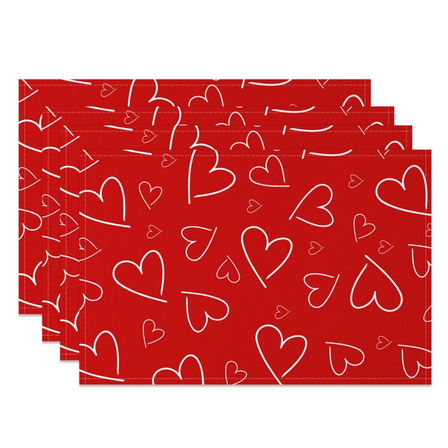 Aperturee Line Hearts Red Valentines Day Set Of 4 Placemats, 14x12 Inch, 15.8 USD, NYJY00387-S, placemats