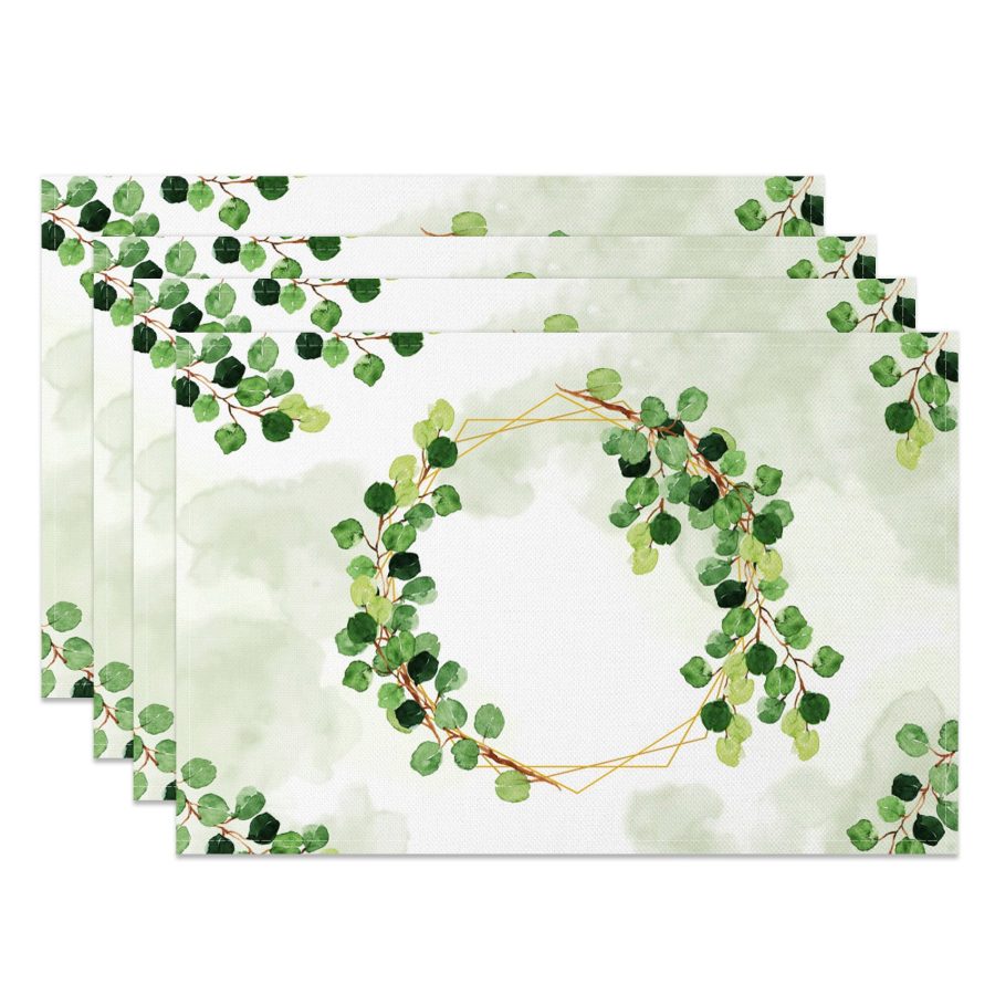 Aperturee Nature Green Leaves Wreath Spring Set Of 4 Placemats, 14x12 Inch, 15.8 USD, NYJY00359-S, placemats