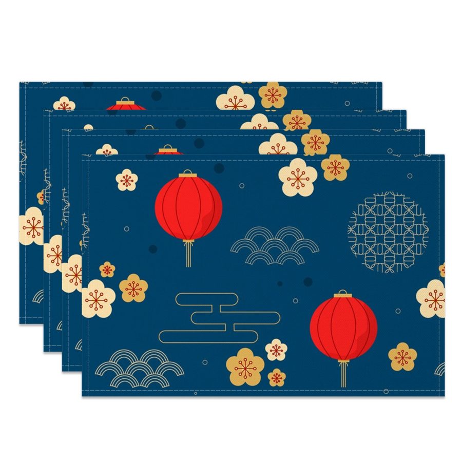 Aperturee Navy Blue Festive Lantern New Year Set Of 4 Placemats, 14x12 Inch, 15.8 USD, NYWH00402-S, placemats