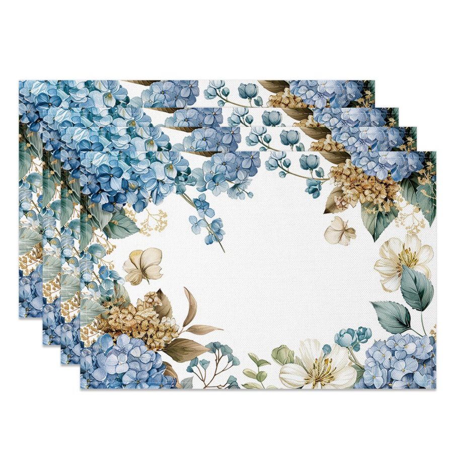 Aperturee Painted Spring Blue Floral Leaf Set Of 4 Placemats, 14x12 Inch, 15.8 USD, NYLX00546-S, placemats