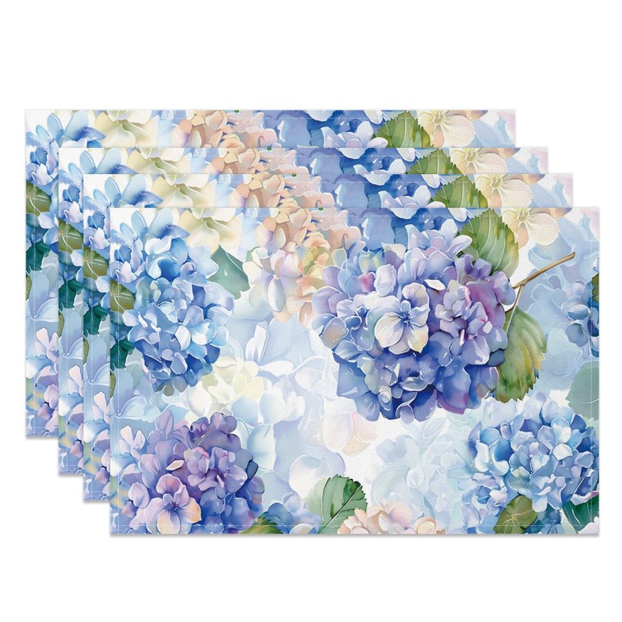 Aperturee Painted Spring Blue Hydrangea Set Of 4 Placemats, 14x12 Inch, 15.8 USD, NYLX00547-S, placemats