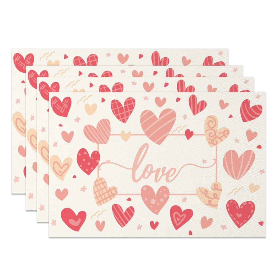 Aperturee Pink Hearts Love Valentines Day Set Of 4 Placemats, 14x12 Inch, 15.8 USD, NYJY00395-S, placemats