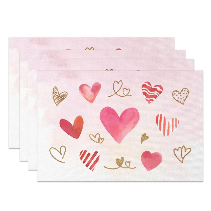 Aperturee Pink Painted Hearts Valentines Day Set Of 4 Placemats, 14x12 Inch, 15.8 USD, NYJY00369-S, placemats