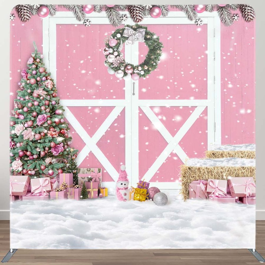 Aperturee Pink Wood Barn Door Christmas Tension Fabric Backdrop | Xmas Backdrop | Christmas Scenic Backgrounds | Christmas Backdrops For Photography