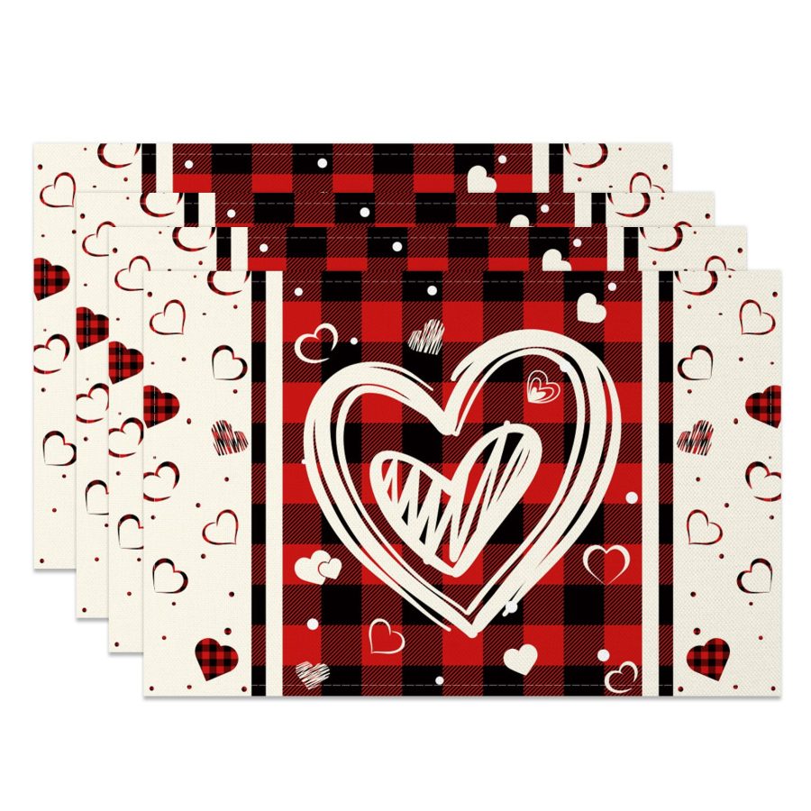 Aperturee Plaid Love Heart Valentines Day Set Of 4 Placemats, 14x12 Inch, 15.8 USD, NYJY00378-S, placemats