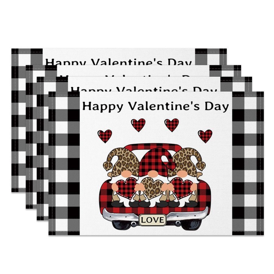 Aperturee Plaid Truck Gnome Valentines Day Set Of 4 Placemats, 14x12 Inch, 15.8 USD, NYLX00561-S, placemats