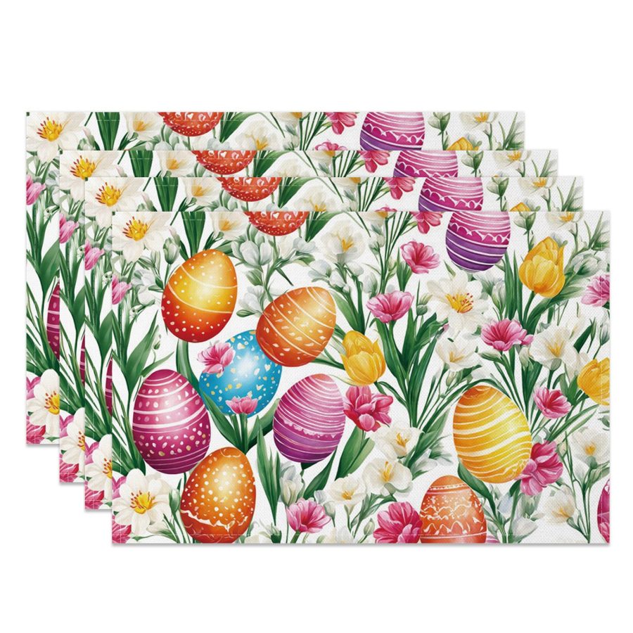 Aperturee Printed Eggs Plant Floral Easter Set Of 4 Placemats, 14x12 Inch, 15.8 USD, NYLX00525-S, placemats