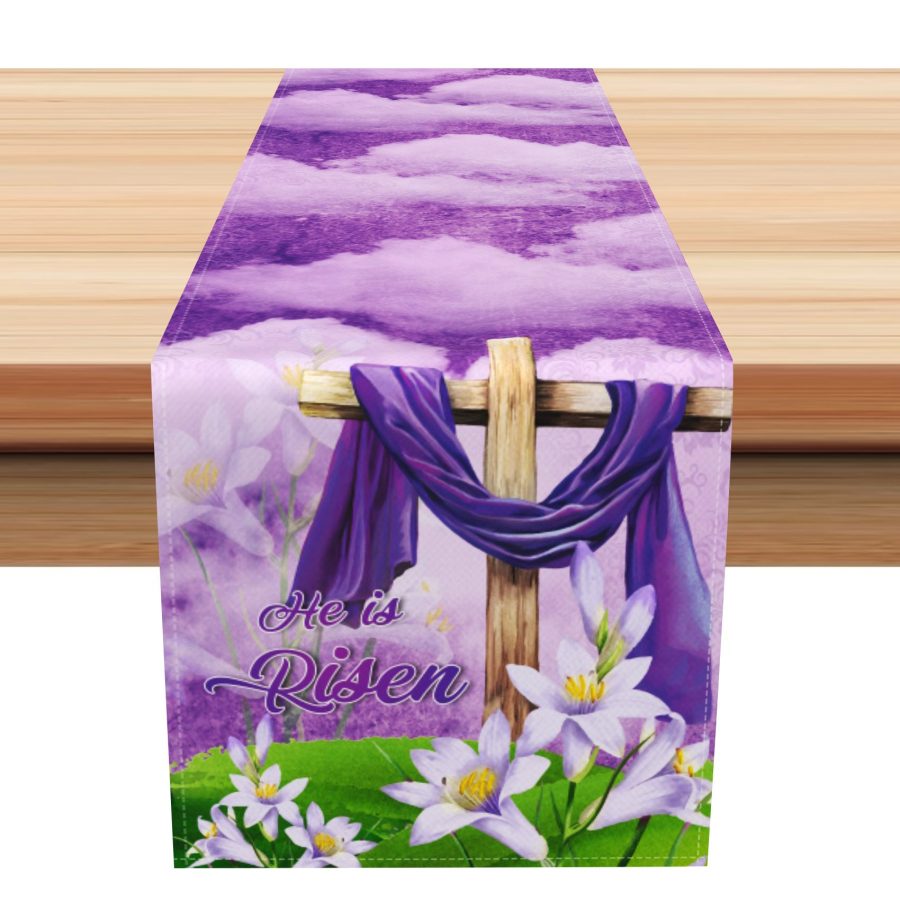 Aperturee Purple Clouds Corss He Is Risen Easter Table Runner | Flower Table Runner | Personalized Table Runners | Table Runner For Dining Table