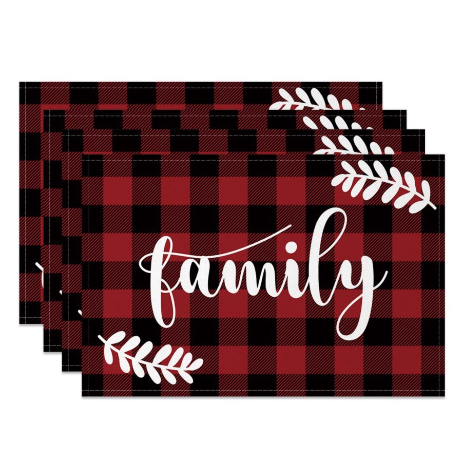 Aperturee Red Black Plaid Leaves Family Set Of 4 Placemats, 14x12 Inch, 15.8 USD, NYLX00559-S, placemats