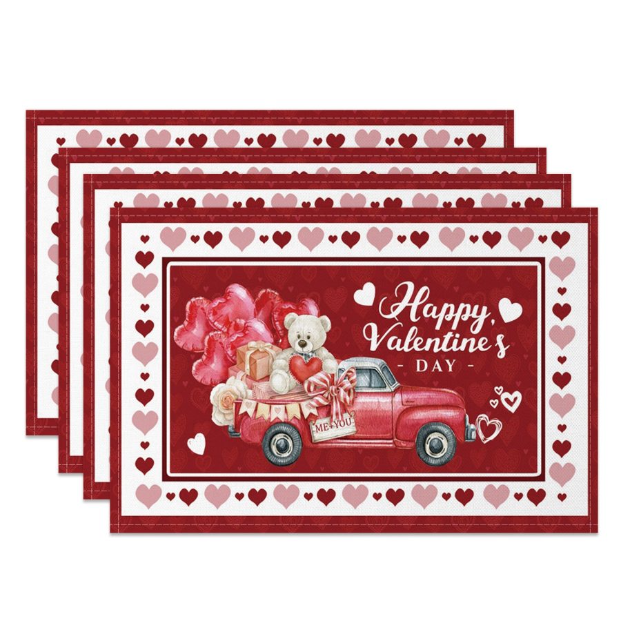 Aperturee Red Gifts Truck Valentines Day Set Of 4 Placemats, 14x12 Inch, 15.8 USD, NYLX00570-S, placemats