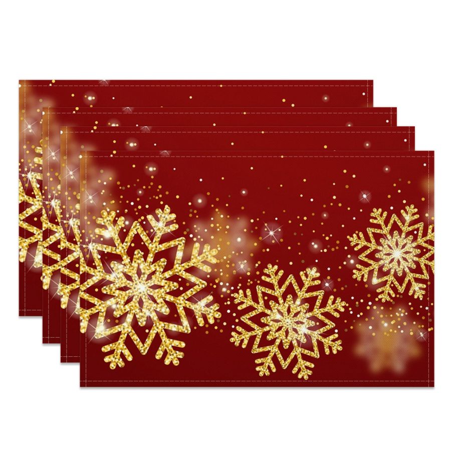 Aperturee Red Gold Bokeh Snowflake Christmas Set Of 4 Placemats, 14x12 Inch, 15.8 USD, NYWH00394-S, placemats