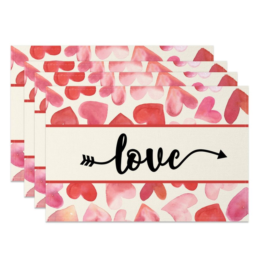 Aperturee Red Hearts Love Valentines Day Set Of 4 Placemats, 14x12 Inch, 15.8 USD, NYJY00380-S, placemats