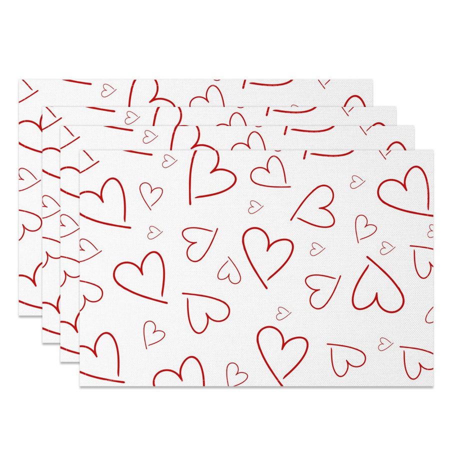 Aperturee Red Line Hearts Valentines Day Set Of 4 Placemats, 14x12 Inch, 15.8 USD, NYJY00389-S, placemats