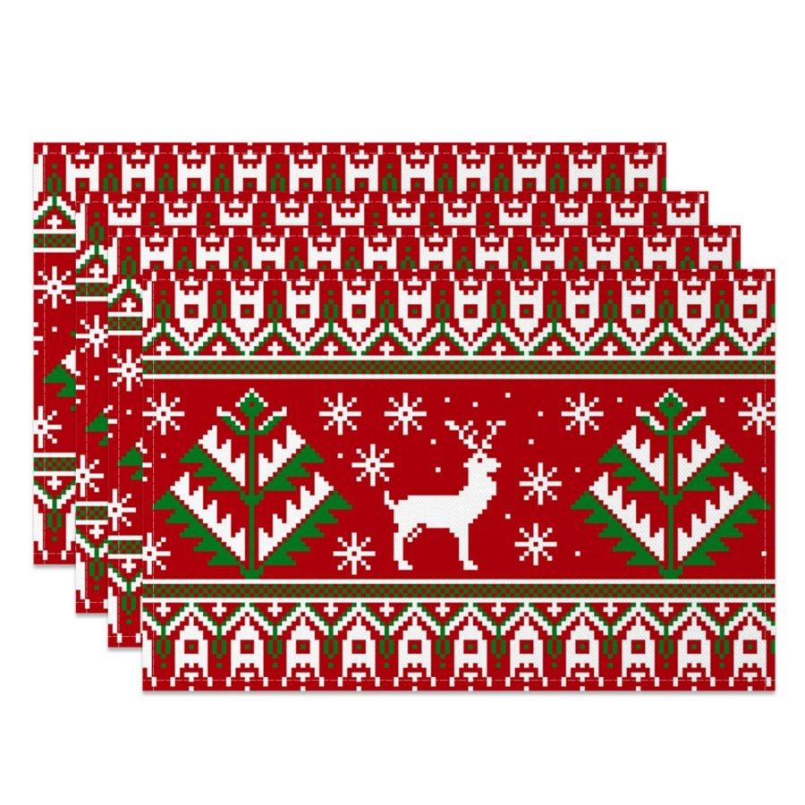 Aperturee Red Pixel Elk Snowflake Christmas Set Of 4 Placemats, 14x12 Inch, 15.8 USD, NYWH00412-S, placemats