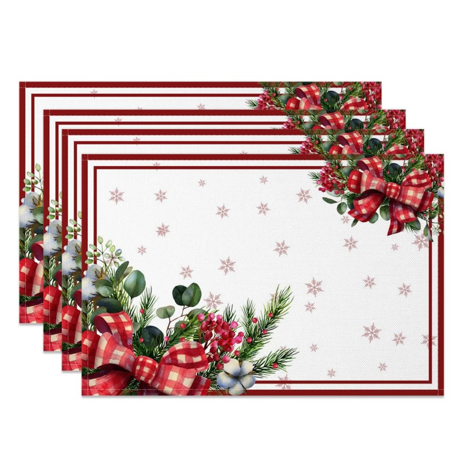 Aperturee Red White Bow Tie Leaf Christmas Set Of 4 Placemats, 14x12 Inch, 15.8 USD, NYWH00389-S, placemats