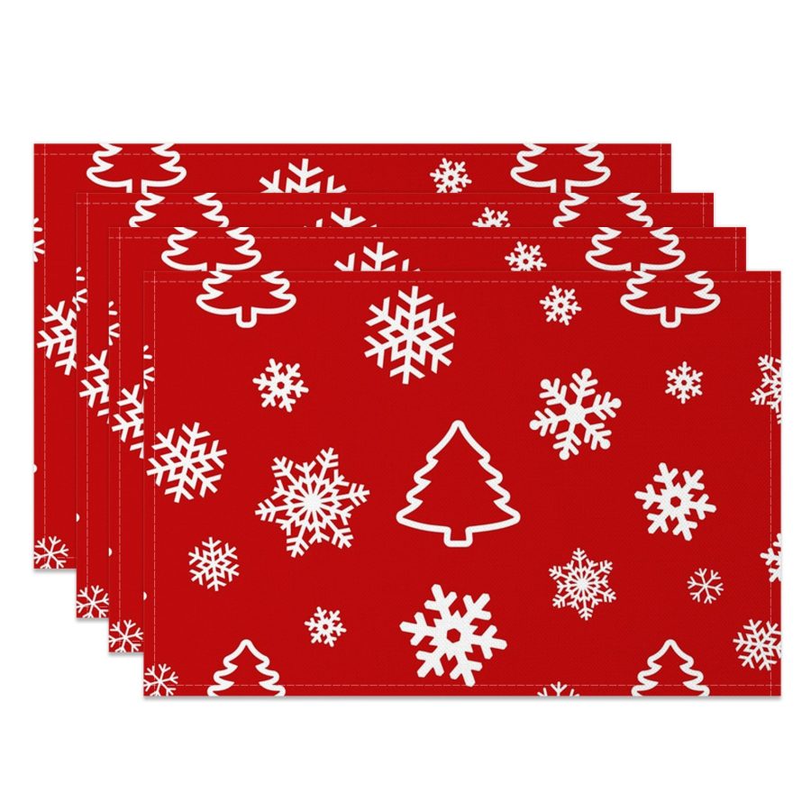 Aperturee Red White Snowflake Tree Christmas Set Of 4 Placemats, 14x12 Inch, 15.8 USD, NYWH00399-S, placemats