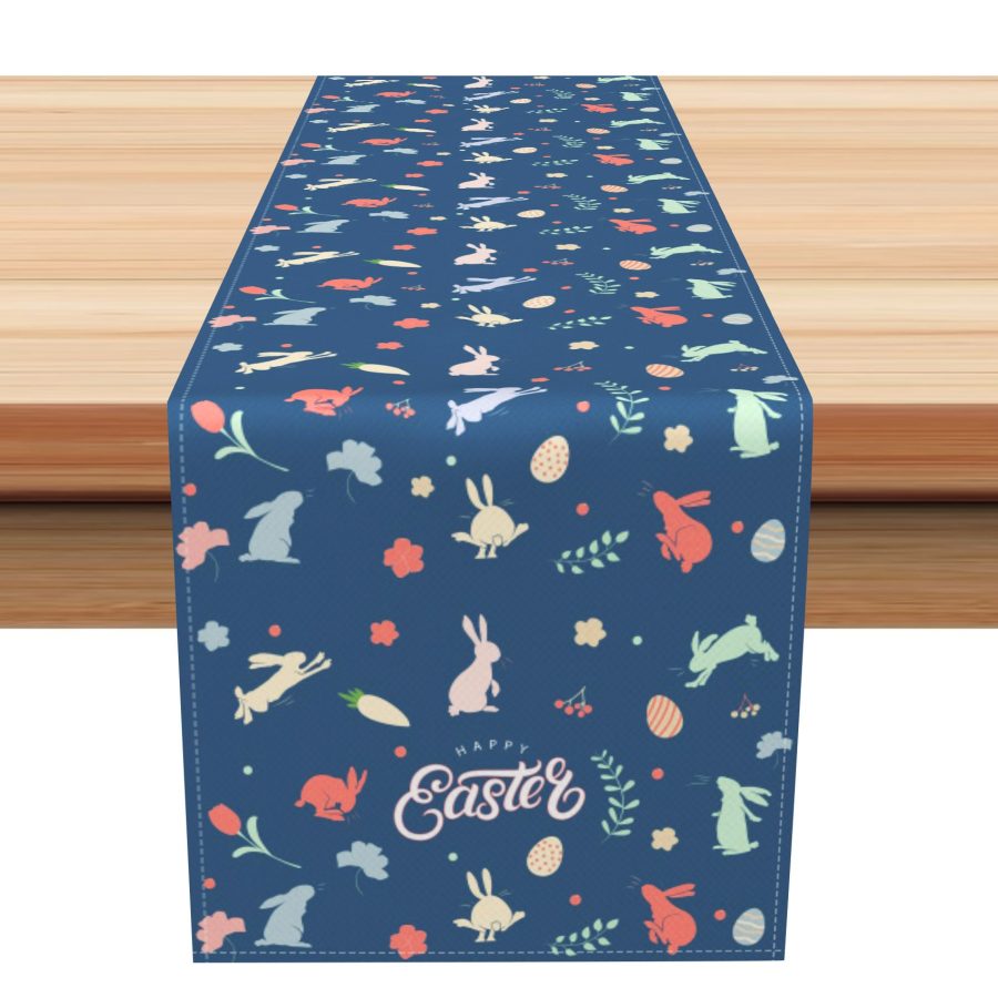 Aperturee Retro Blue Dense Bunny Floral Easter Table Runner | Seasonal Printed Table Runner | Custom Table Runner | Custom Printed Table Runner