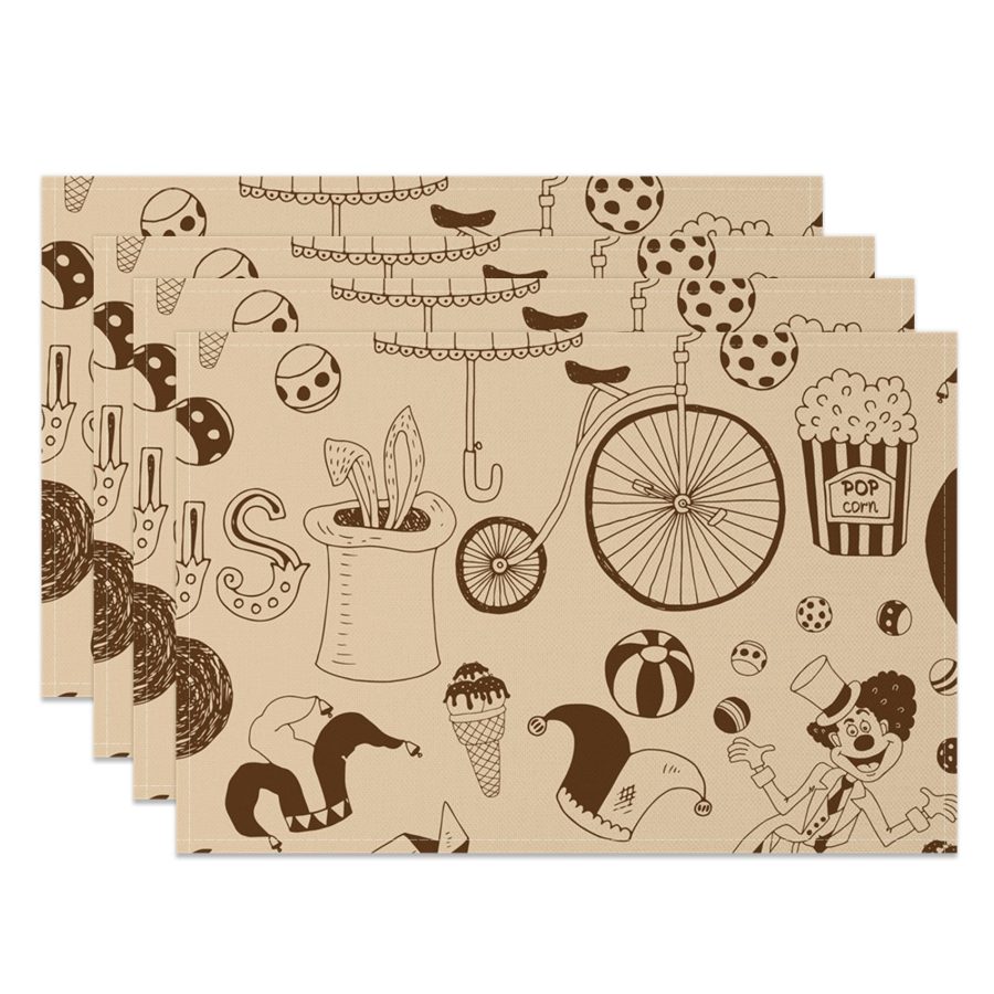 Aperturee Retro Brown Clown Circus Pattern Set Of 4 Placemats, 14x12 Inch, 15.8 USD, NYWH00361-S, placemats