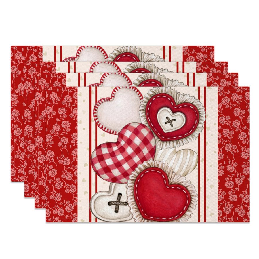 Aperturee Retro Floral Heart Valentines Day Set Of 4 Placemats, 14x12 Inch, 15.8 USD, NYJY00382-S, placemats