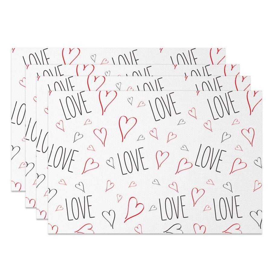 Aperturee Romantic Black Line Love Red Heart Set Of 4 Placemats, 14x12 Inch, 15.8 USD, NYJY00392-S, placemats