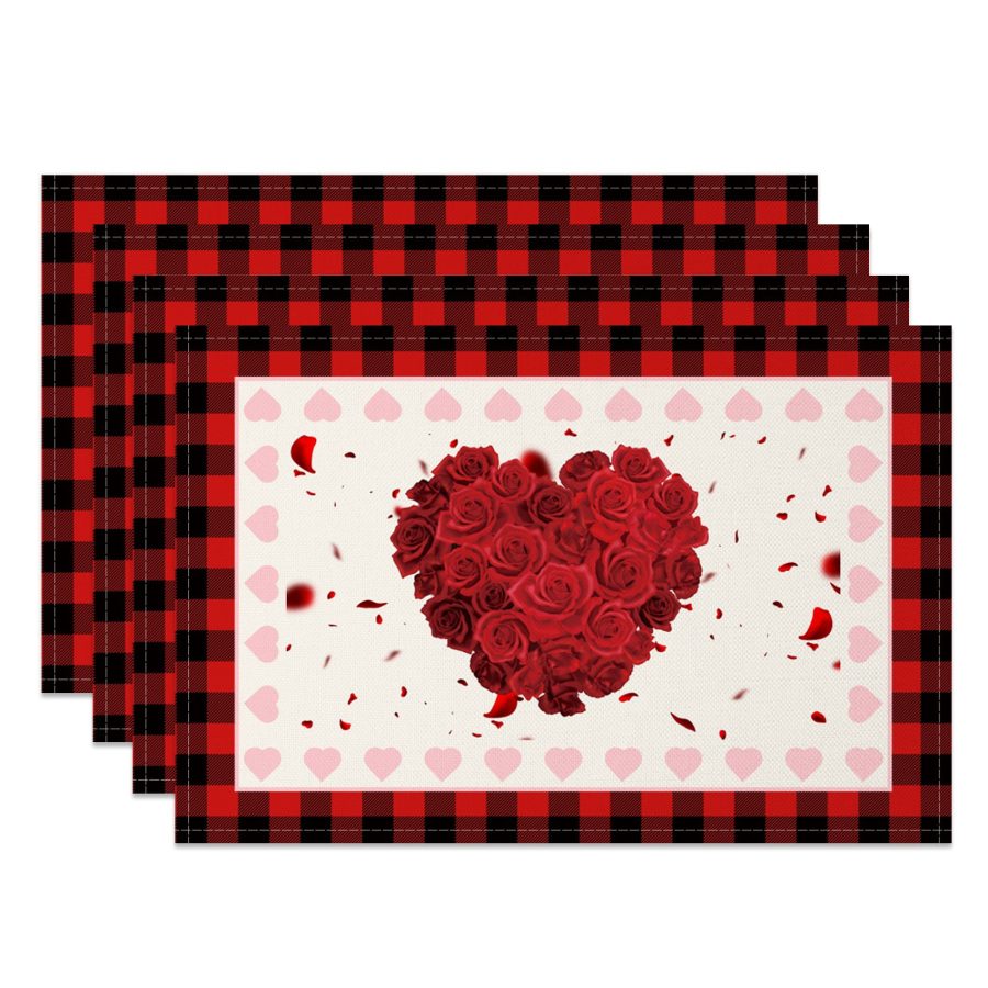 Aperturee Romantic Red Rose Valentines Day Set Of 4 Placemats, 14x12 Inch, 15.8 USD, NYJY00371-S, placemats