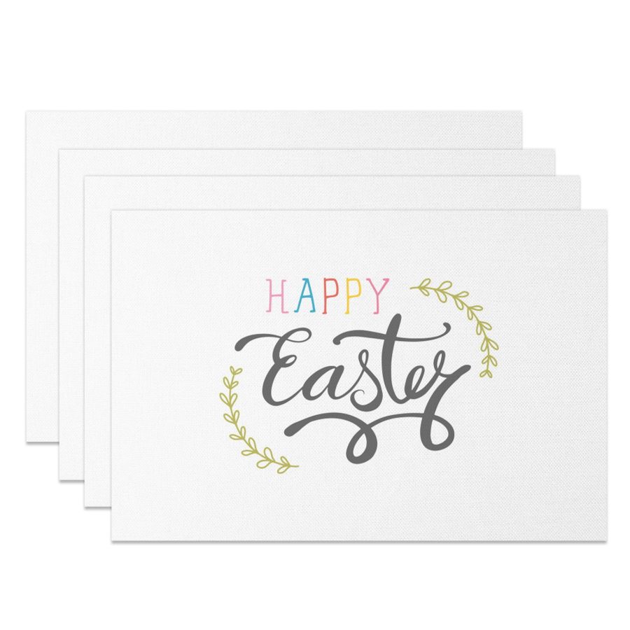 Aperturee Simple White Leaves Happy Easter Set Of 4 Placemats, 14x12 Inch, 15.8 USD, NYJY00440-S, placemats