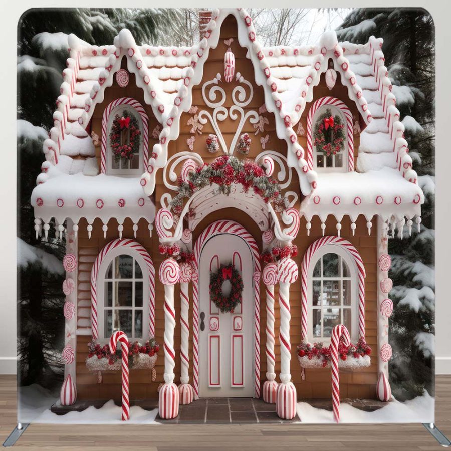 Aperturee Snowy Cake House Christmas Square Tension Backdrop | Christmas Photo Booth Backdrop | Christmas Backgrounds Fireplace | Xmas Backdrop