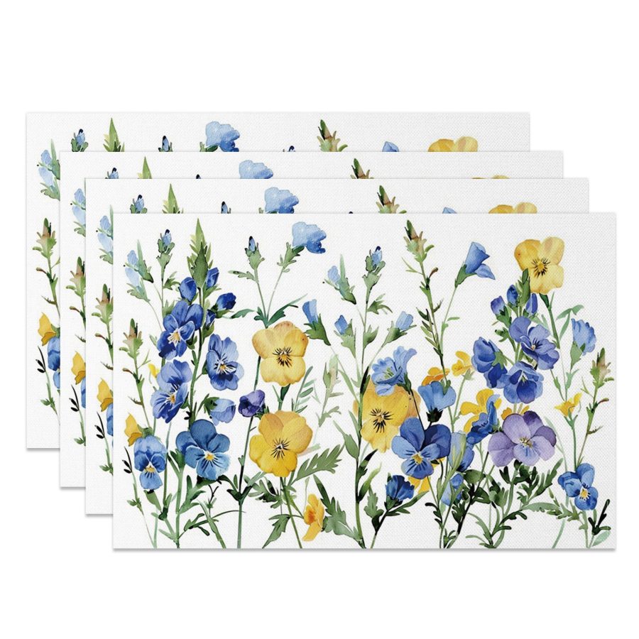 Aperturee Spring Blue Yellow Wildflower Set Of 4 Placemats, 14x12 Inch, 15.8 USD, NYLX00542-S, placemats