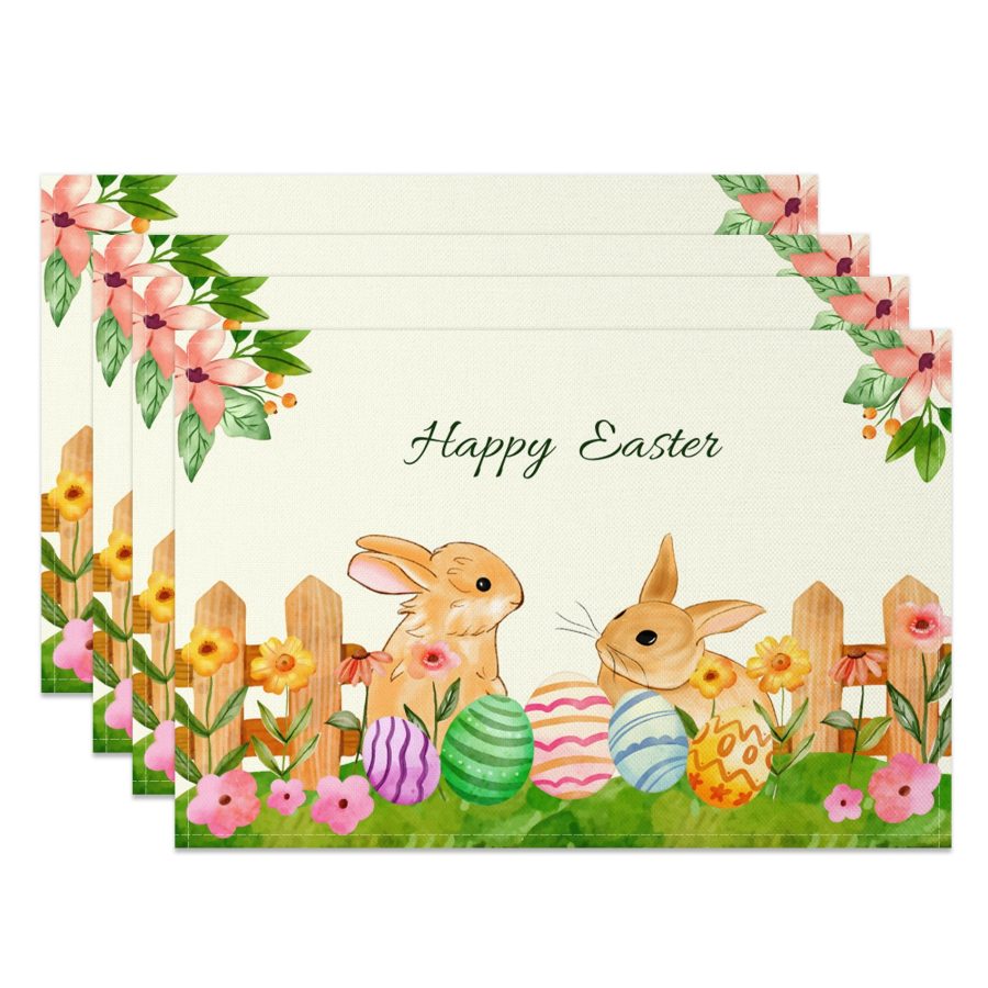 Aperturee Spring Garden Bunny Eggs Easter Set Of 4 Placemats, 14x12 Inch, 15.8 USD, NYJY00413-S, placemats