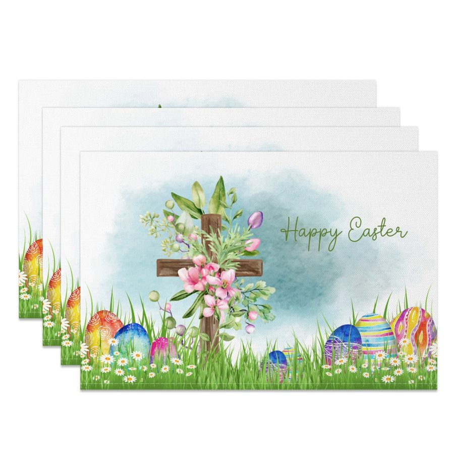 Aperturee Spring Grass Floral Cross Easter Set Of 4 Placemats, 14x12 Inch, 15.8 USD, NYJY00442-S, placemats