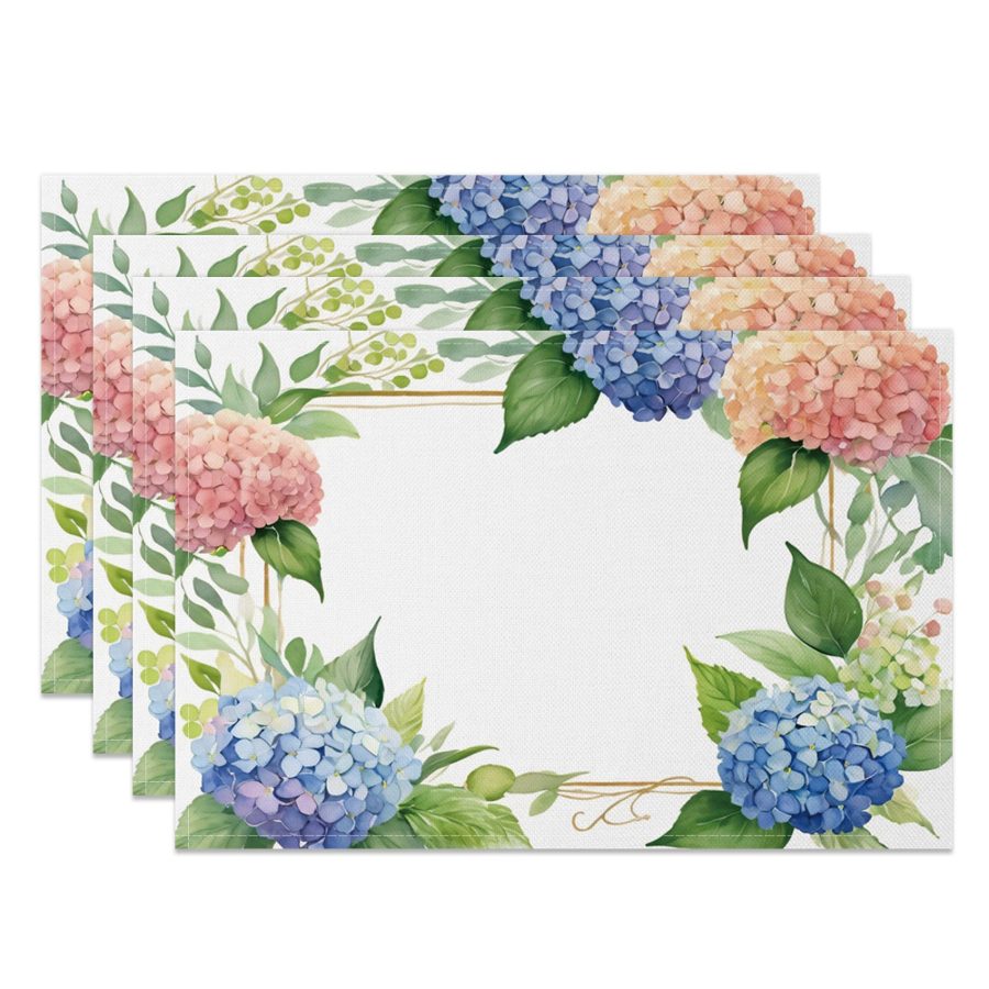 Aperturee Spring Pink Blue Hydrangea Plant Set Of 4 Placemats, 14x12 Inch, 15.8 USD, NYLX00545-S, placemats