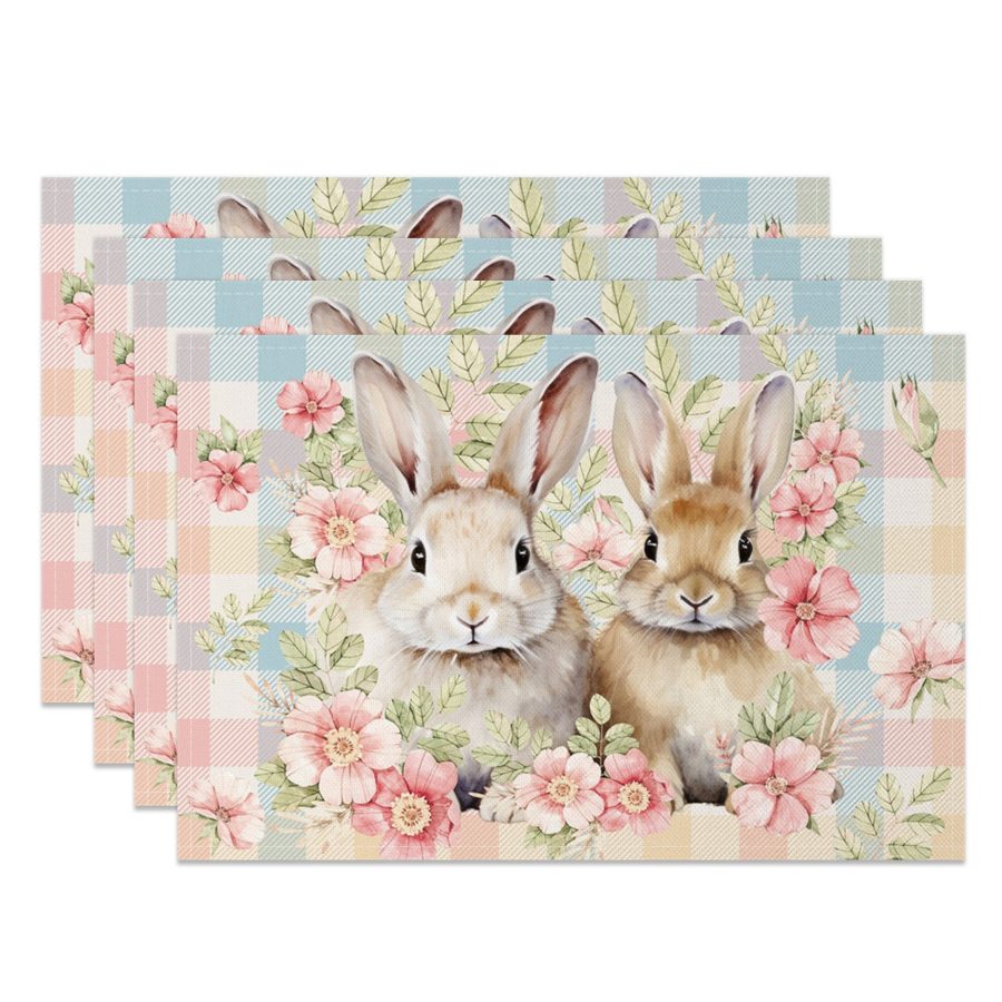 Aperturee Spring Pink Floral Bunny Easter Set Of 4 Placemats, 14x12 Inch, 15.8 USD, NYLX00518-S, placemats