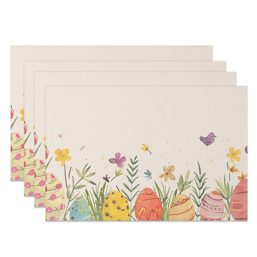 Aperturee Spring Scene Leaves Eggs Easter Set Of 4 Placemats, 14x12 Inch, 15.8 USD, NYJY00411-S, placemats