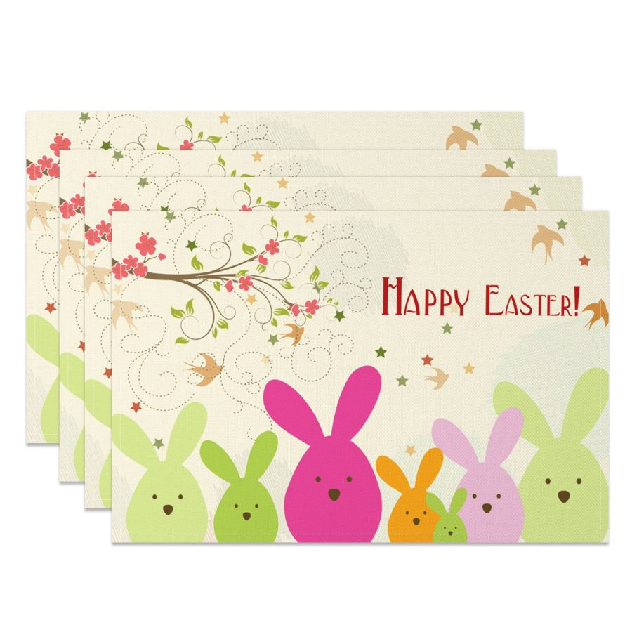 Aperturee Spring Vine Floral Bunny Easter Set Of 4 Placemats, 14x12 Inch, 15.8 USD, NYJY00437-S, placemats